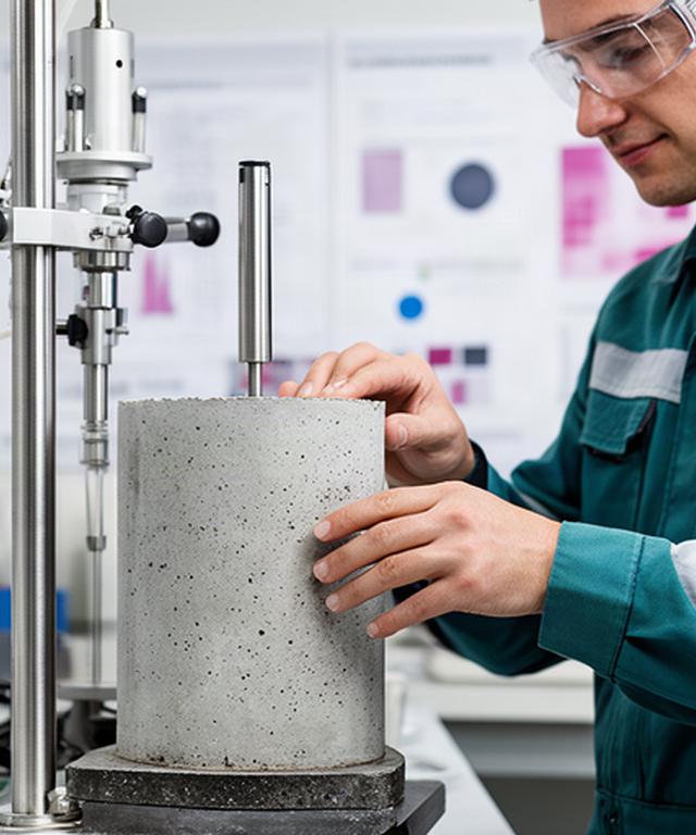 Prüftechniker kontrolliert eine Betonprobe im Labor für Baustoffe