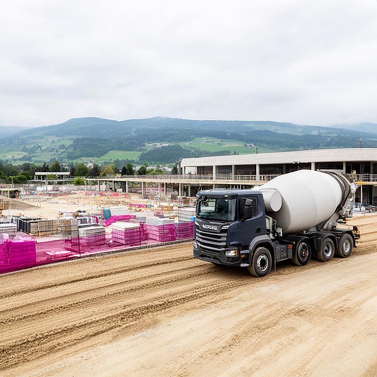 Betonfahrmischer neben einer vorbereiteten Baustelle bei Nyon im Kanton Waadt