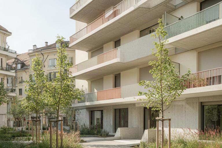 Wohnüberbauung in Genf mit hellen Betonbalkonen und bepflanztem Vorplatz