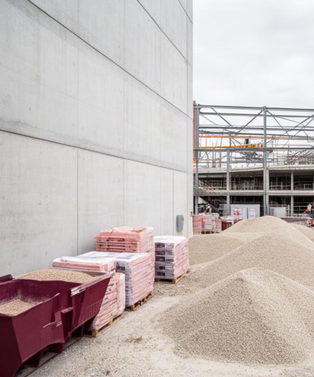Moderne Schweizer Baustelle mit Sichtbetonfassade und sauber gestapelten Baustoffen