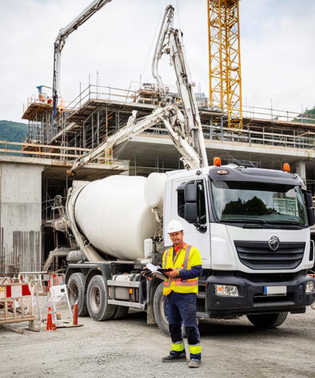 Betonlieferung auf einer Schweizer Baustelle mit Fahrmischer und Bauleitung vor Ort