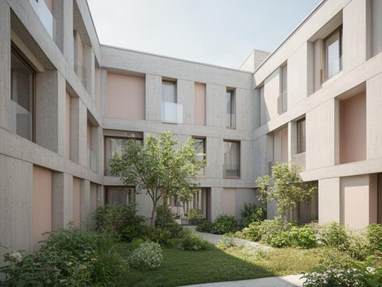 Modernes Schweizer Architekturprojekt mit Sichtbetonfassade und begrüntem Innenhof bei Tageslicht