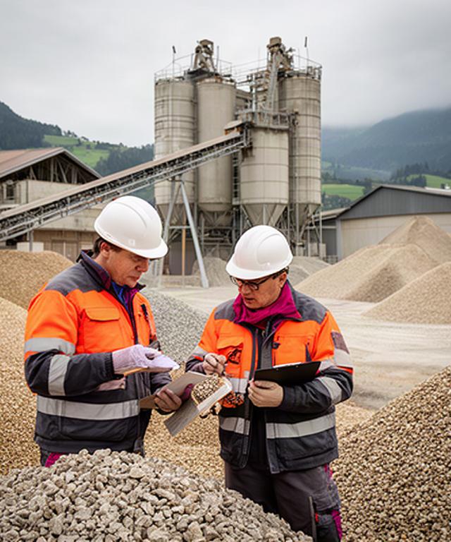 Mitarbeitende prüfen Zuschlagstoffe auf dem Werksgelände von Helvetic Construction in Nyon