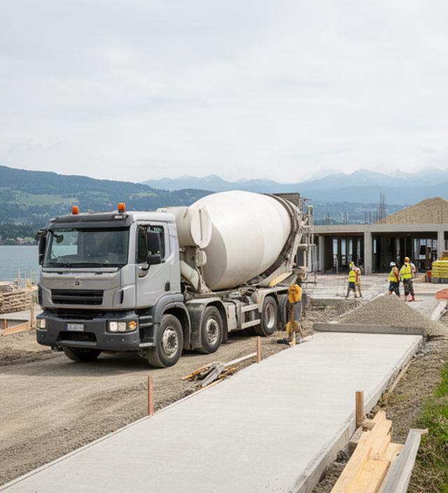 Baustofflieferung mit Betonfahrmischer auf einer Baustelle in der Region Nyon