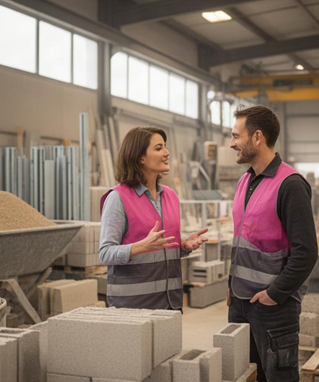Mitarbeiterin von Helvetic Construction im Baustoffwerk bei Nyon im Gespräch mit einem Kunden